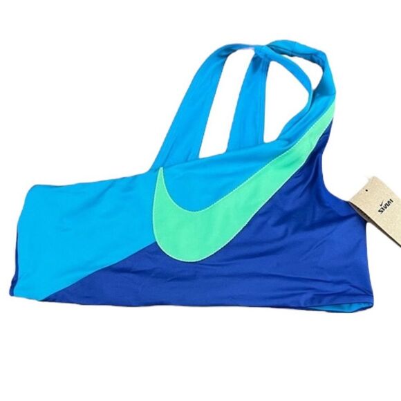 NWT Nike Women’s Asymmetrical Color Block Swoosh Bikini Top Size Large L Blue - Picture 5 of 8